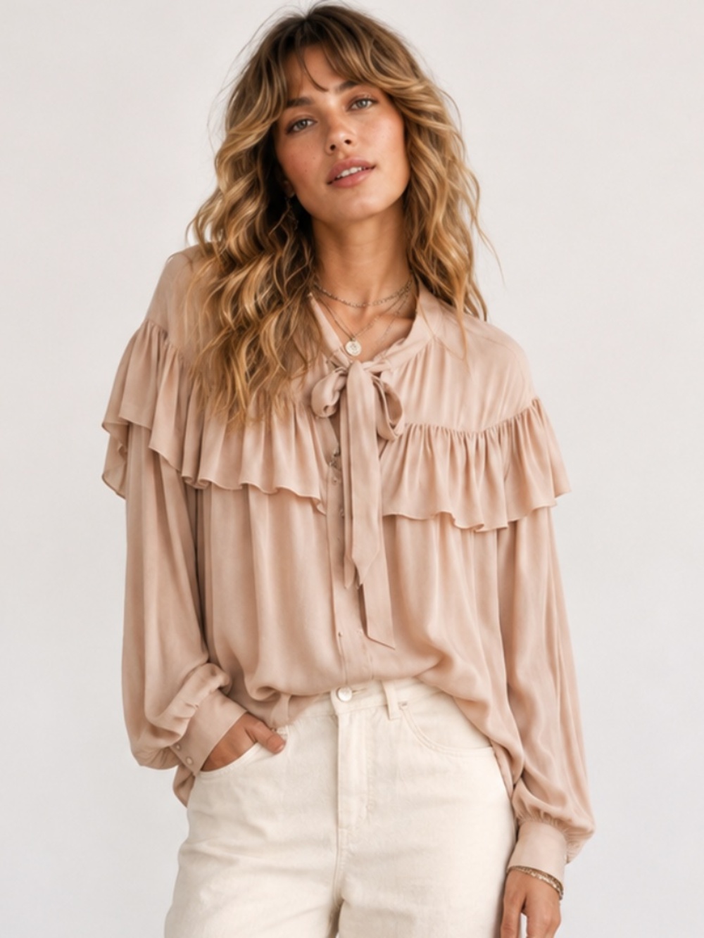 ANTHROPOLOGIE Sanctuary Fade Into You Ruffle Tie Neck Blouse Blush Pink Fawn XS